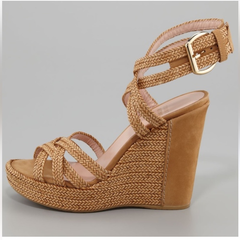 Stuart Weitzman Braided Tan Suede Wedge Sandals